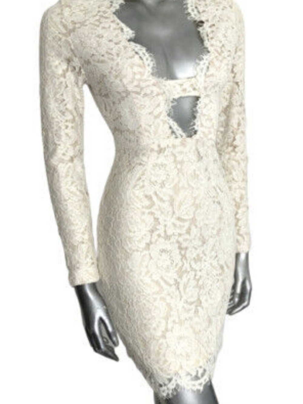 Lace Cutout Long Sleeve Bodycon Dress in Ivory